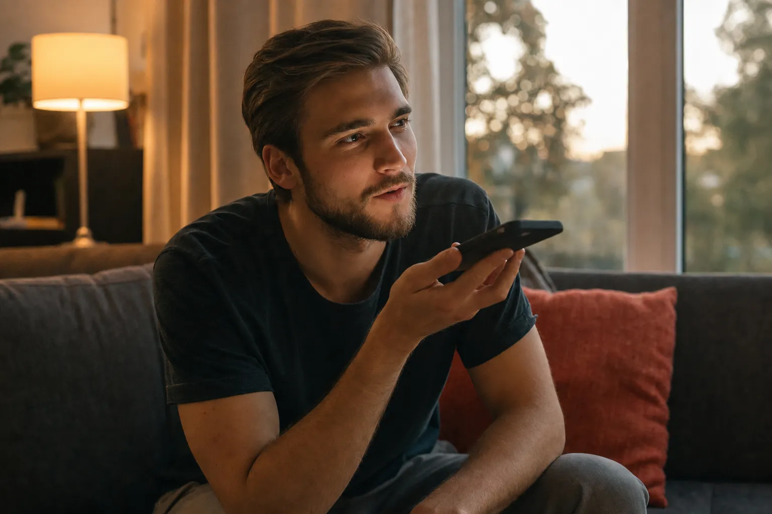 A homeowner speaking a question into their phone while sitting on a couch at home