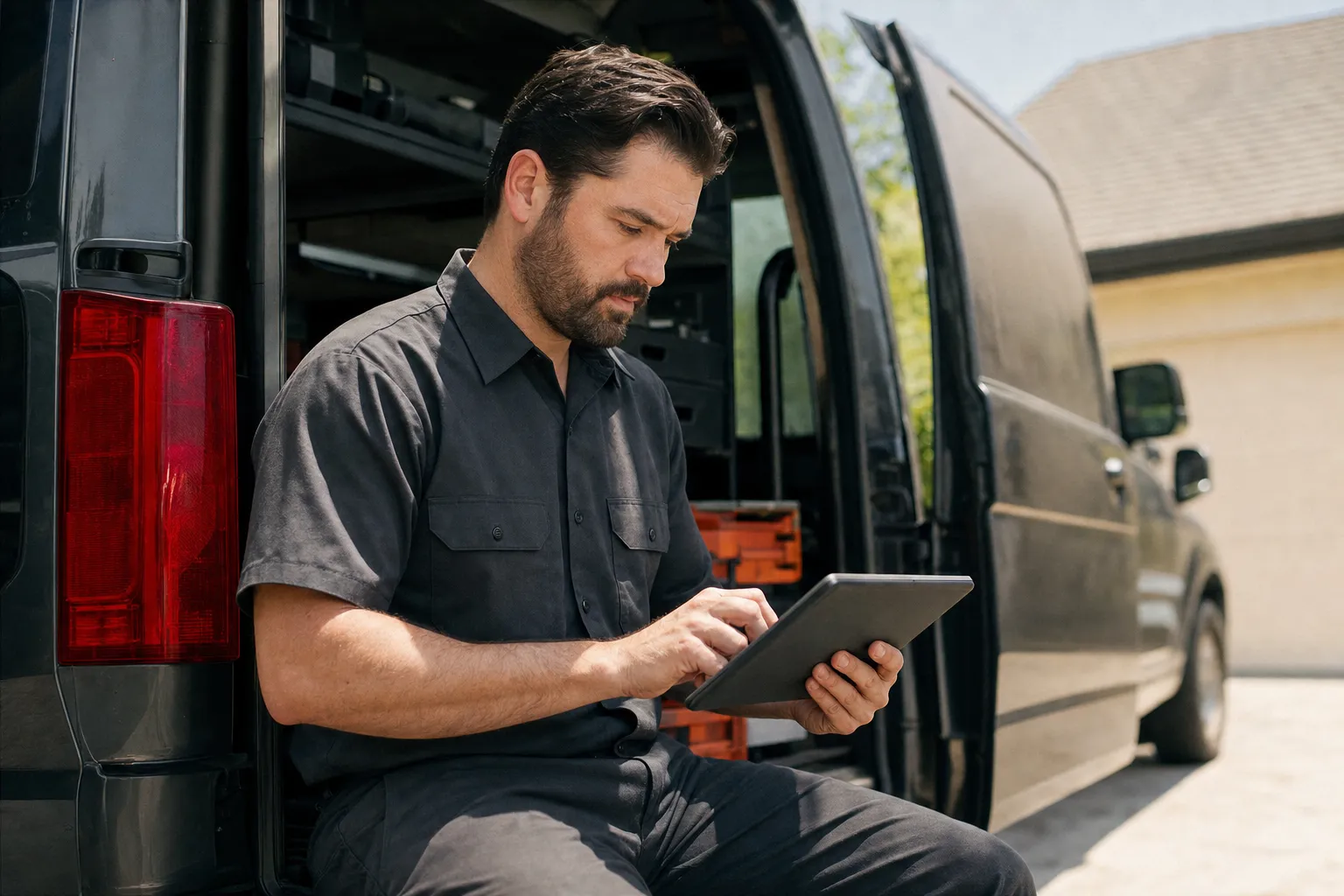 A home service contractor reviewing campaign performance on a tablet by a service van