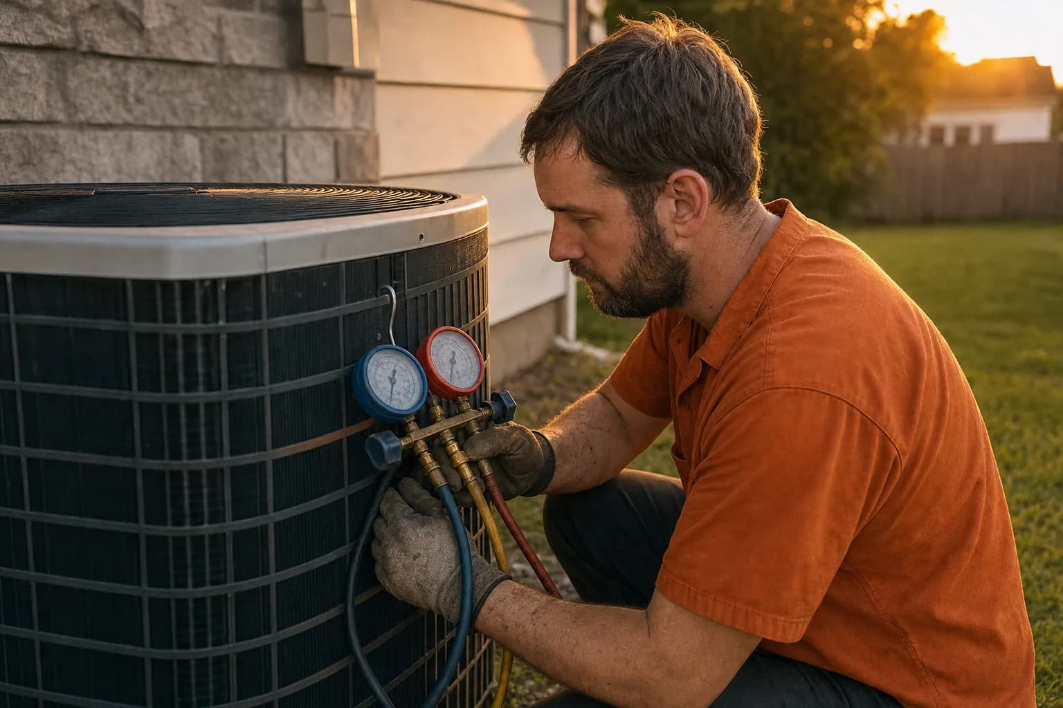 A home service technician servicing an outdoor air-conditioning condenser unit in a backyard