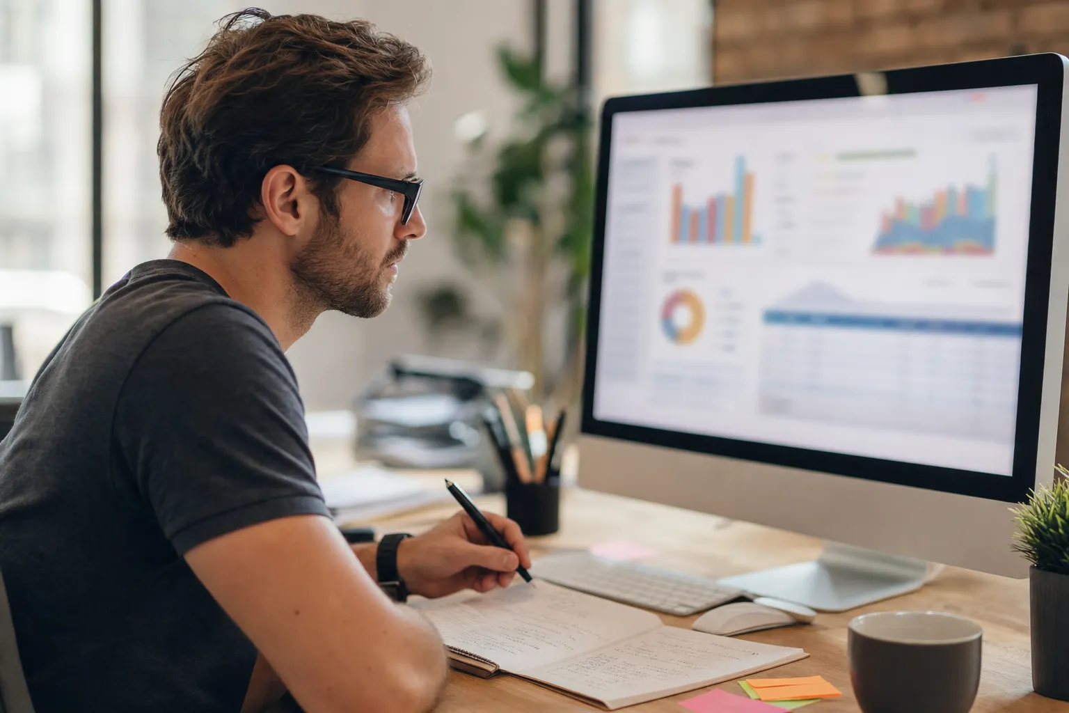 A home service business owner reviewing SEO analytics dashboards and charts at a desk
