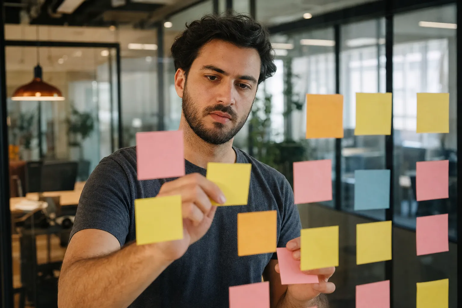 A marketer mapping out a seasonal content plan on sticky notes