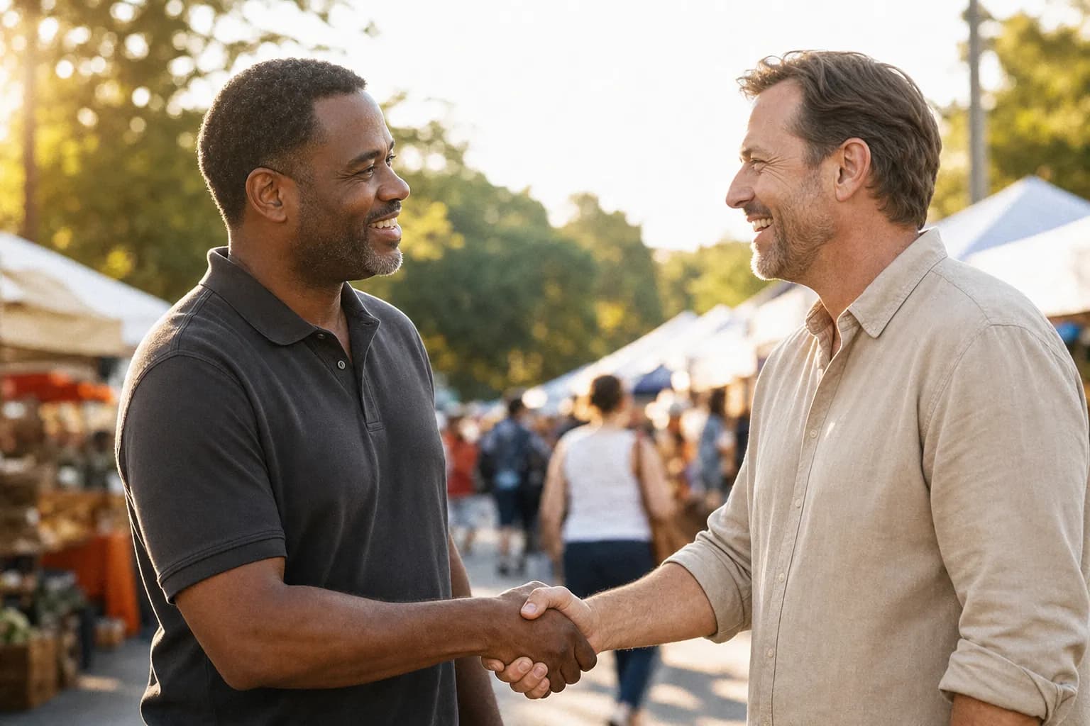 Two local business owners shaking hands at a community market