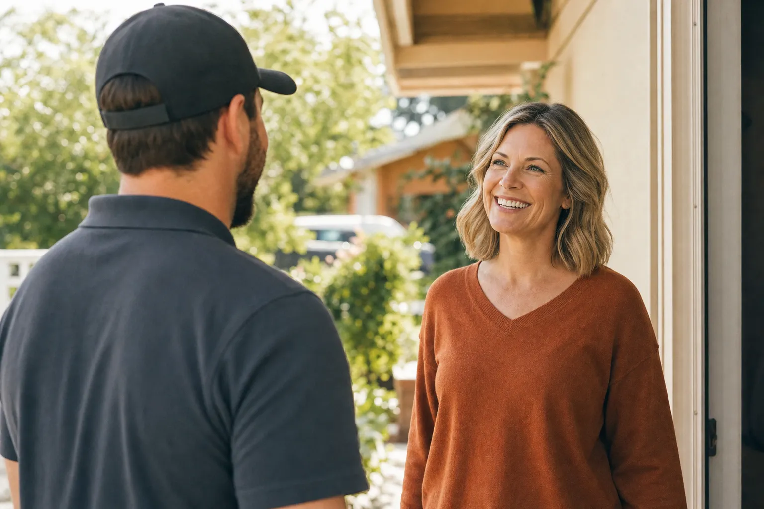 A home service technician greeting a homeowner in a suburban neighborhood