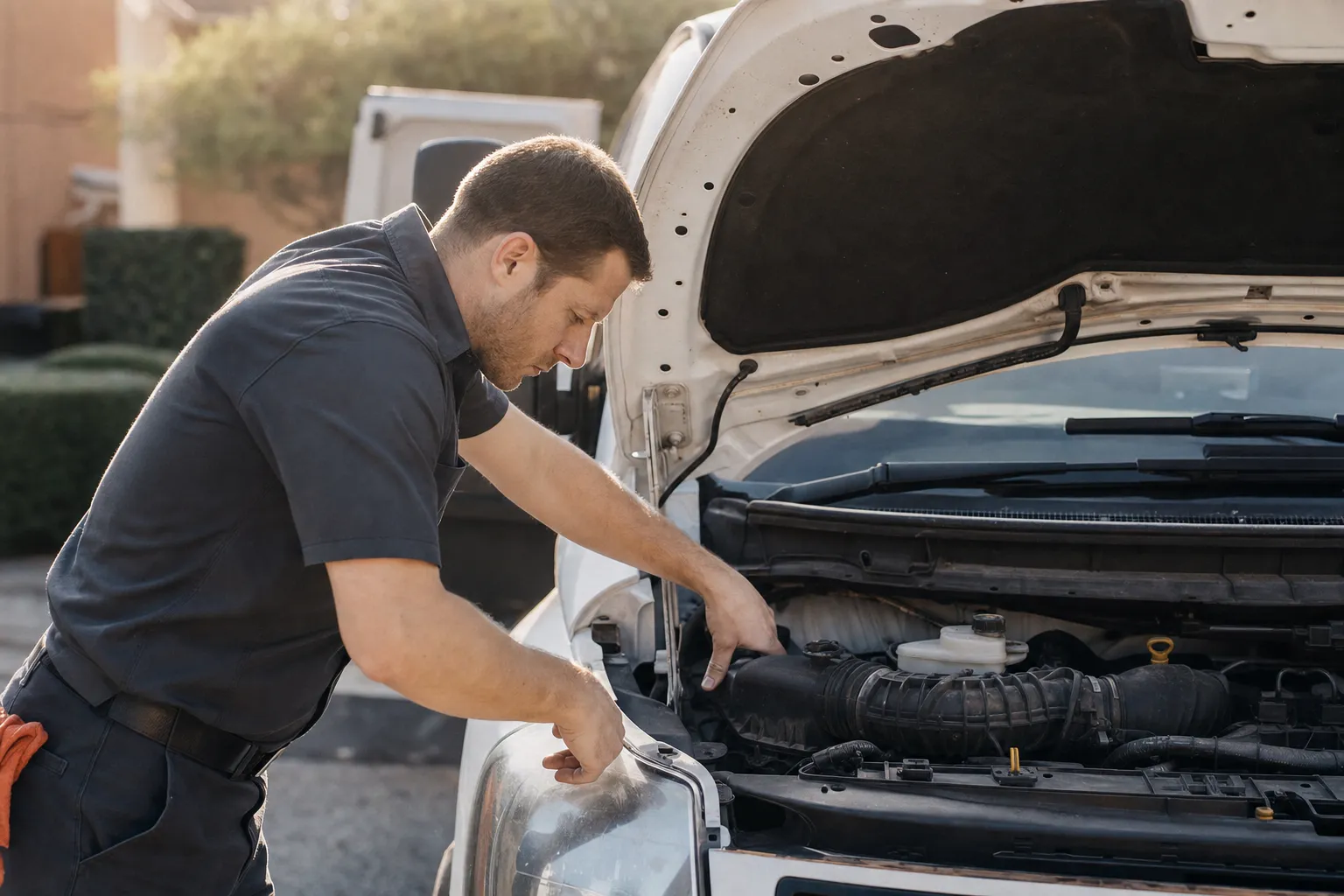 A home service technician working outdoors in natural light