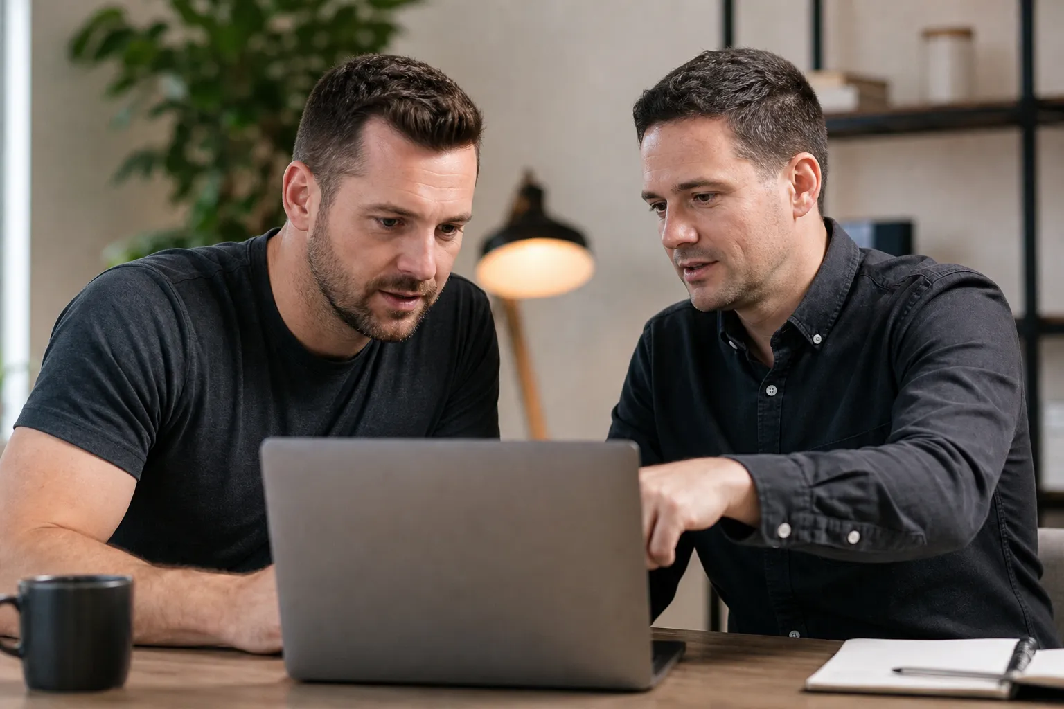 Two people reviewing local business listings on a laptop