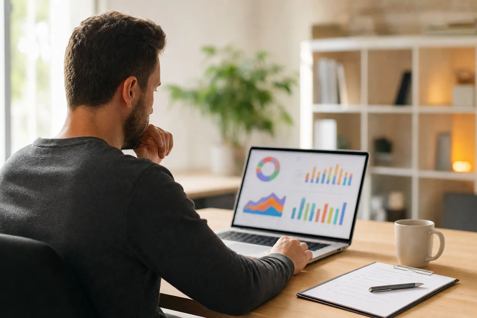 A marketing professional reviewing a home service website's performance on a laptop at a desk