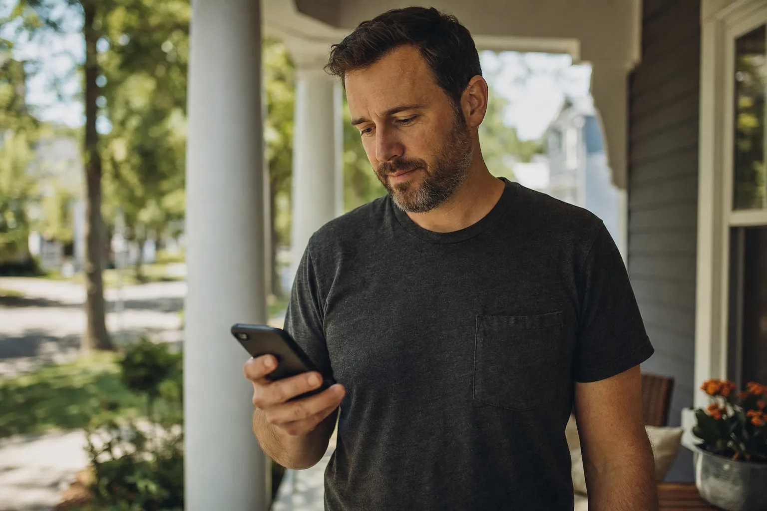 A homeowner on a front porch searching for a local service on a smartphone